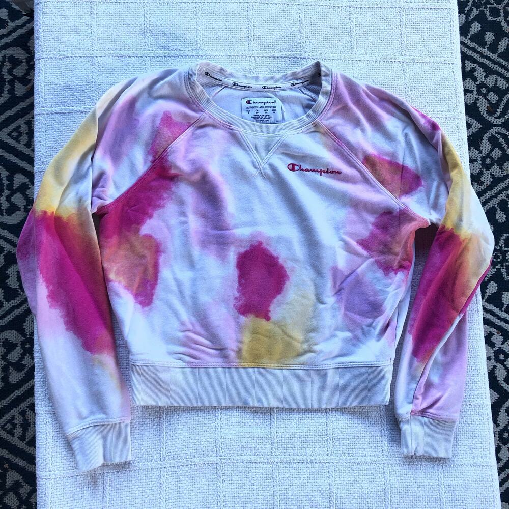 Pink Tie Dye Cropped Champion Crewneck Sweatshirt Women’s Small Logo Streetwear